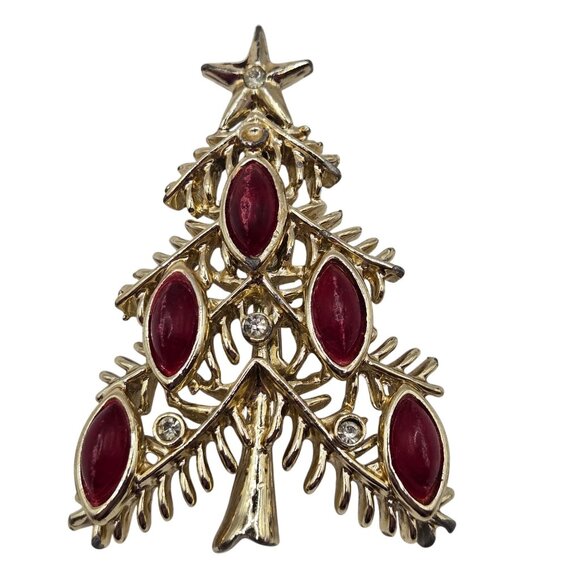 Vtg Tancer II Christmas Tree Candle Brooch Lot Holiday Red Cab Rhinestone Pins - Picture 5 of 13